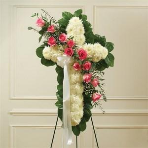 Pink & White Standing Cross with Pink Rose Break – CHRISTELL'S FLOWERS, Killeen TX