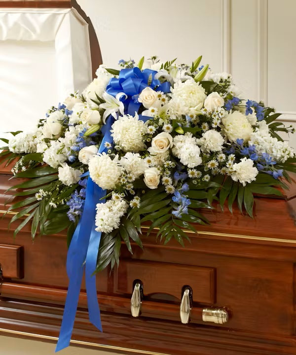 Blue & White Mixed Half Casket Cover – CHRISTELL'S FLOWERS, Killeen TX