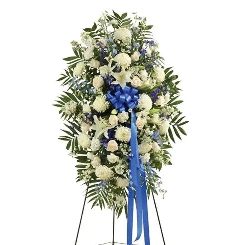 Blue & White Sympathy Standing – CHRISTELL'S FLOWERS, Killeen TX