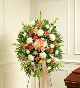 Peach, Orange & White Sympathy Standing Spray – CHRISTELL'S FLOWERS, Killeen TX