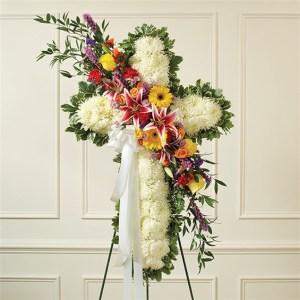 Solid White Standing Cross with Bright Flower Break – CHRISTELL'S FLOWERS, Killeen TX