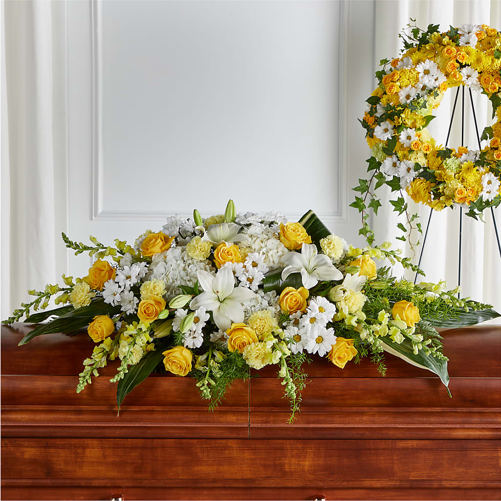 Golden Harmony Casket Spray – CHRISTELL'S FLOWERS, Killeen TX