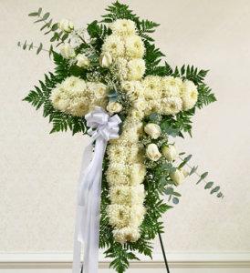 White Standing Cross with White Rose Break – CHRISTELL'S FLOWERS, Killeen TX