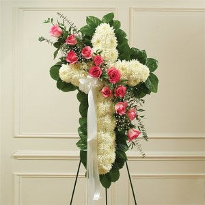 Pink & White Standing Cross with Pink Rose Break