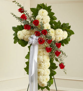 Red & White Standing Cross with Red Rose Break